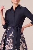 A Line Floral Navy 3/4 Sleeve Maxi Mother of the Bride Dress