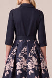 A Line Floral Navy 3/4 Sleeve Maxi Mother of the Bride Dress