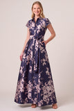 Floral Navy A Line Cap Sleeve Maxi Mother of the Bride Dress With Pockets
