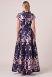 Floral Navy A Line Cap Sleeve Maxi Mother of the Bride Dress With Pockets