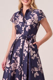 Floral Navy A Line Cap Sleeve Maxi Mother of the Bride Dress With Pockets