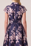 Floral Navy A Line Cap Sleeve Maxi Mother of the Bride Dress With Pockets