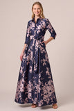 Navy A Line Floral 3/4 Sleeve Maxi Mother of the Bride Dress With Pockets