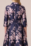 Navy A Line Floral 3/4 Sleeve Maxi Mother of the Bride Dress With Pockets