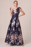 One Shoulder Navy A Line Floral Maxi Mother of the Bride Dress