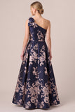 One Shoulder Navy A Line Floral Maxi Mother of the Bride Dress