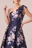 One Shoulder Navy A Line Floral Maxi Mother of the Bride Dress