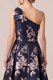 One Shoulder Navy A Line Floral Maxi Mother of the Bride Dress
