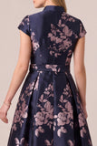 A Line Navy Print Maxi Mother of the Bride Dress With Cap Sleeves