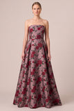 Strapless A Line Burgundy Floral Maxi Mother of the Bride Dress