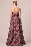 Strapless A Line Burgundy Floral Maxi Mother of the Bride Dress