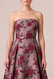 Strapless A Line Burgundy Floral Maxi Mother of the Bride Dress