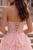 Corset Strapless A Line Sequins Tiered Pink Maxi Prom Dress