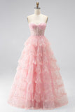 Corset Strapless A Line Sequins Tiered Pink Maxi Prom Dress