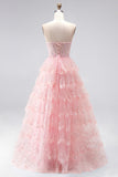 Corset Strapless A Line Sequins Tiered Pink Maxi Prom Dress
