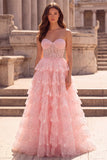 Corset Strapless A Line Sequins Tiered Pink Maxi Prom Dress