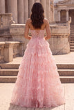 Corset Strapless A Line Sequins Tiered Pink Maxi Prom Dress