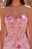 Mermaid Strapless Corset Pink Floral Sparkly Maxi Prom Dress