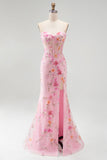 Mermaid Strapless Corset Pink Floral Sparkly Maxi Prom Dress