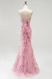 Mermaid Strapless Corset Pink Floral Sparkly Maxi Prom Dress