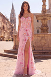Mermaid Strapless Corset Pink Floral Sparkly Maxi Prom Dress