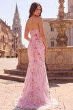 Mermaid Strapless Corset Pink Floral Sparkly Maxi Prom Dress
