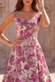 Square Neck A Line Fuchsia Brocade Maxi Prom Dress With Pearls