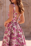 Square Neck A Line Fuchsia Brocade Maxi Prom Dress With Pearls