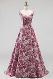 Square Neck A Line Fuchsia Brocade Maxi Prom Dress With Pearls
