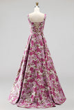 Square Neck A Line Fuchsia Brocade Maxi Prom Dress With Pearls