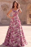 Square Neck A Line Fuchsia Brocade Maxi Prom Dress With Pearls