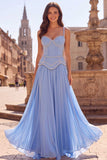 Corset Beaded Light Blue A-Line Long Prom Dress