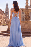 Corset Beaded Light Blue A-Line Long Prom Dress
