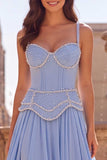 Corset Beaded Light Blue A-Line Long Prom Dress