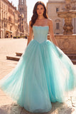 Mint Corset Strapless A Line Maxi Prom Dress With Pearls