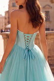 Mint Corset Strapless A Line Maxi Prom Dress With Pearls