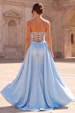 Strapless Sheath Light Blue Satin Maxi Prom Dress With Drapes