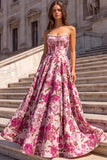 Corset Floral Strapless Pink A Line Maxi Prom Dress With Pearls