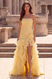Strapless Ruched A-Line Yellow Long Prom Dress with Ruffles