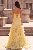 Strapless Ruched A-Line Yellow Long Prom Dress with Ruffles