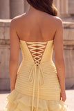 Strapless Ruched A-Line Yellow Long Prom Dress with Ruffles