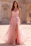 Strapless Floral Sequins A-Line Pink Long Prom Dress with Appliques
