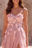 Strapless Floral Sequins A-Line Pink Long Prom Dress with Appliques