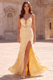 Floral A-Line Yellow Appliqued Beaded Long Prom Dress with Slit