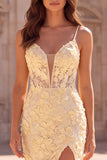 Floral A-Line Yellow Appliqued Beaded Long Prom Dress with Slit