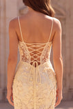 Floral A-Line Yellow Appliqued Beaded Long Prom Dress with Slit