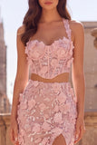 2 Piece Appliqued Halter Sequins A-Line Pink Corset Long Prom Dress with Slit