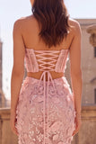 2 Piece Appliqued Halter Sequins A-Line Pink Corset Long Prom Dress with Slit