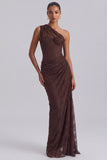 One Shoulder Sheer Brown Ruched Floral Mermaid Long Formal Dress