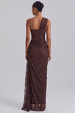 One Shoulder Sheer Brown Ruched Floral Mermaid Long Formal Dress